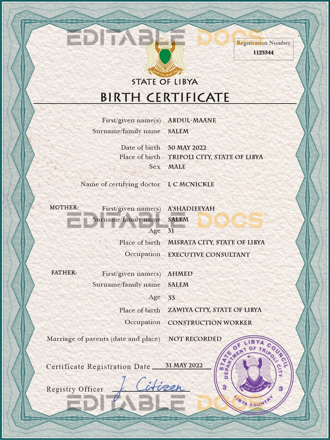 Authentic Libya Birth Certificate Template | Customize and Download Online
