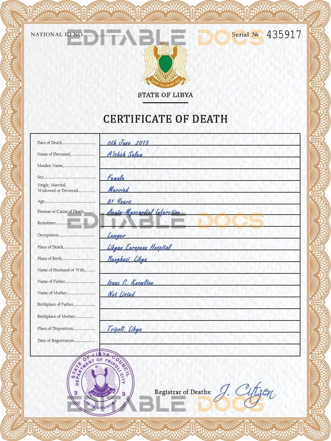 Customizable Libya Death Certificate PSD Templates | Instant Download