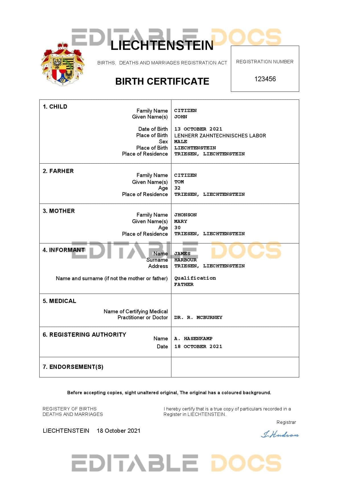 Authentic Liechtenstein Birth Certificate Template | Customize and Download Online