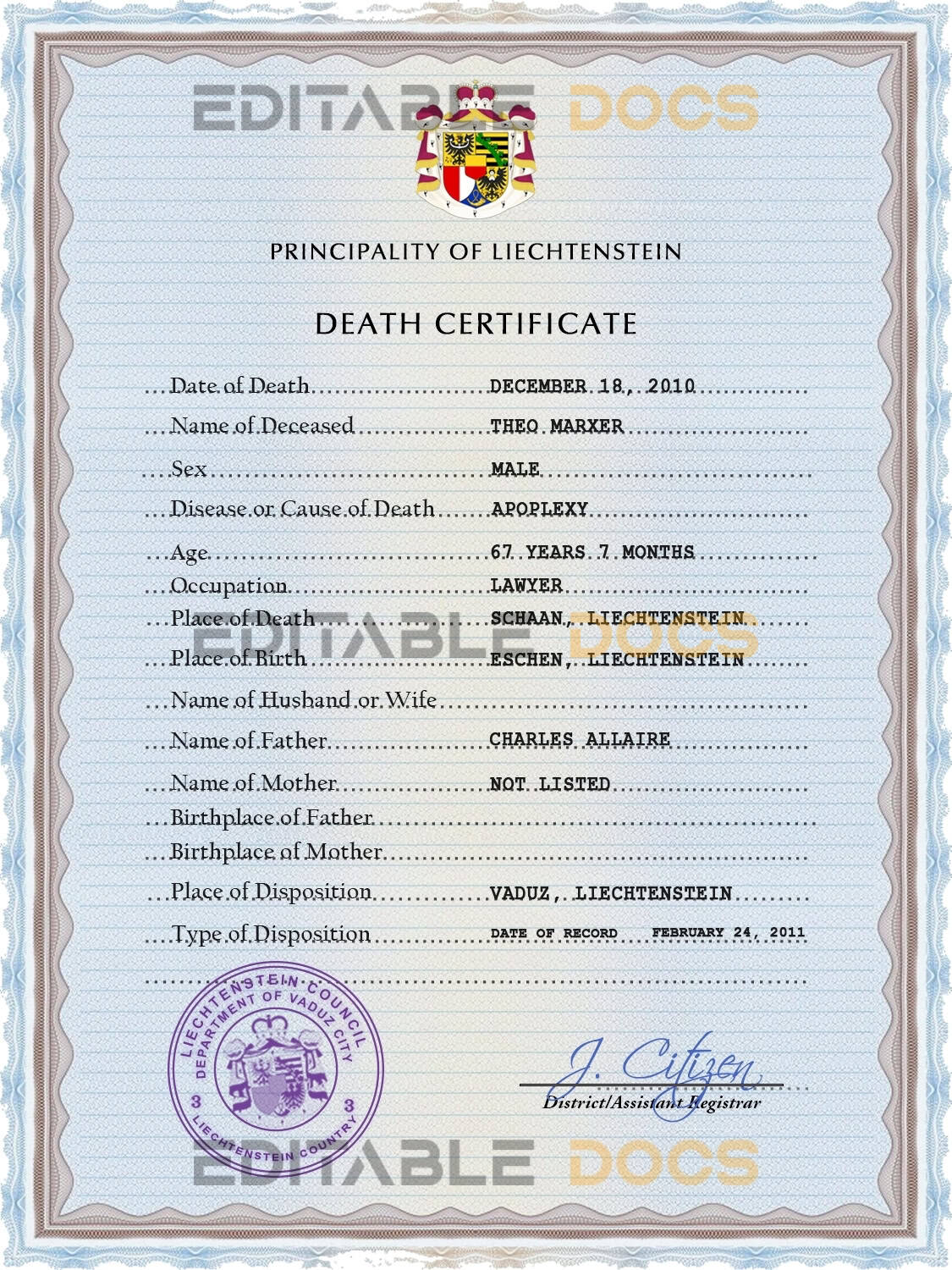Customizable Liechtenstein Death Certificate PSD Templates | Instant Download