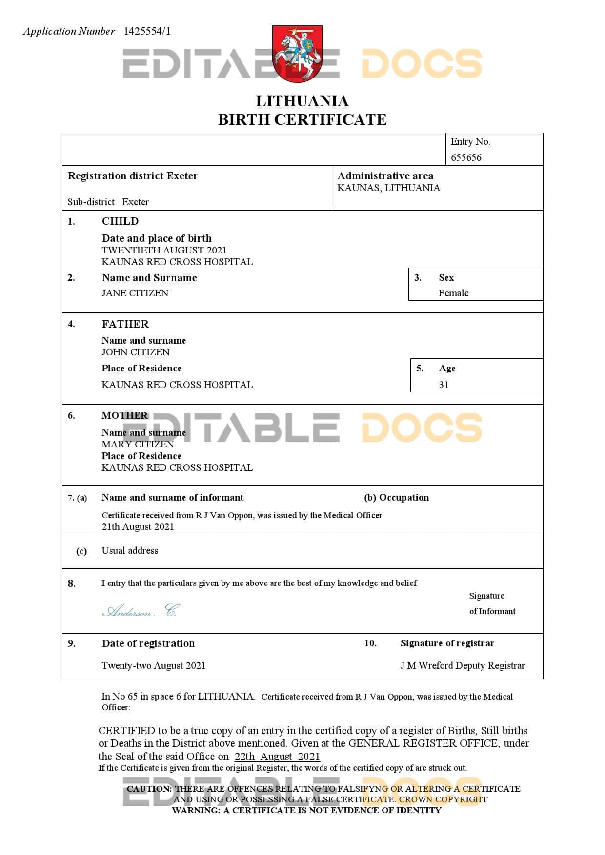Authentic Lithuania Birth Certificate Template | Customize and Download Online