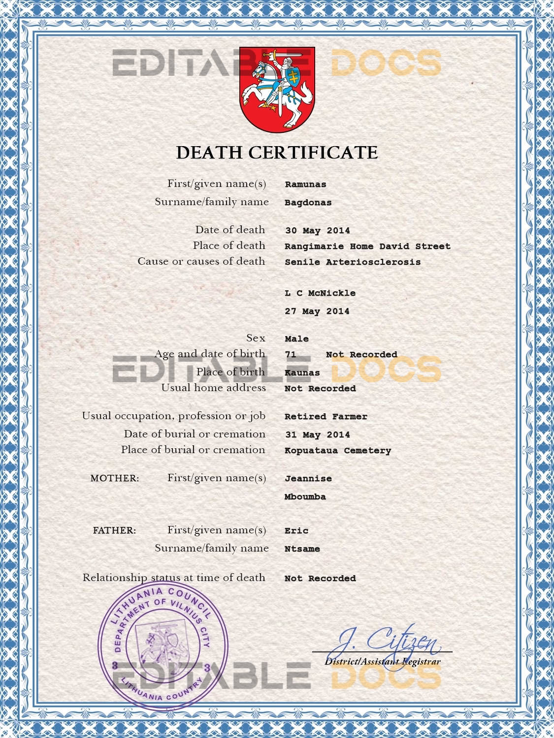 Customizable Lithuania Death Certificate PSD Templates | Instant Download