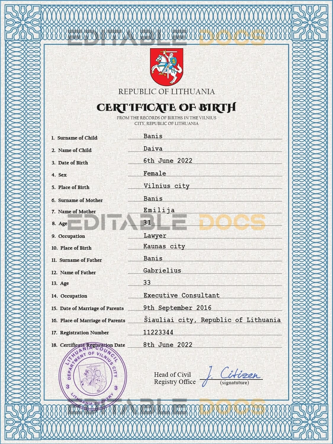 Authentic Lithuania Birth Certificate Template | Customize and Download Online