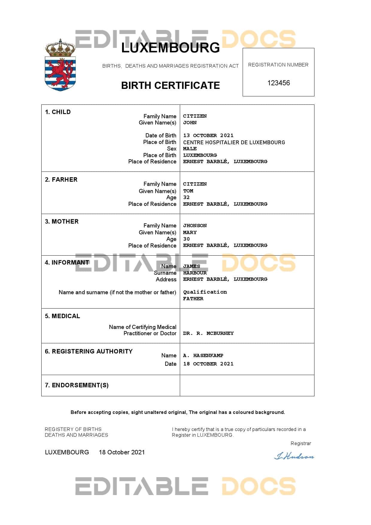 Authentic Luxembourg Birth Certificate Template | Customize and Download Online