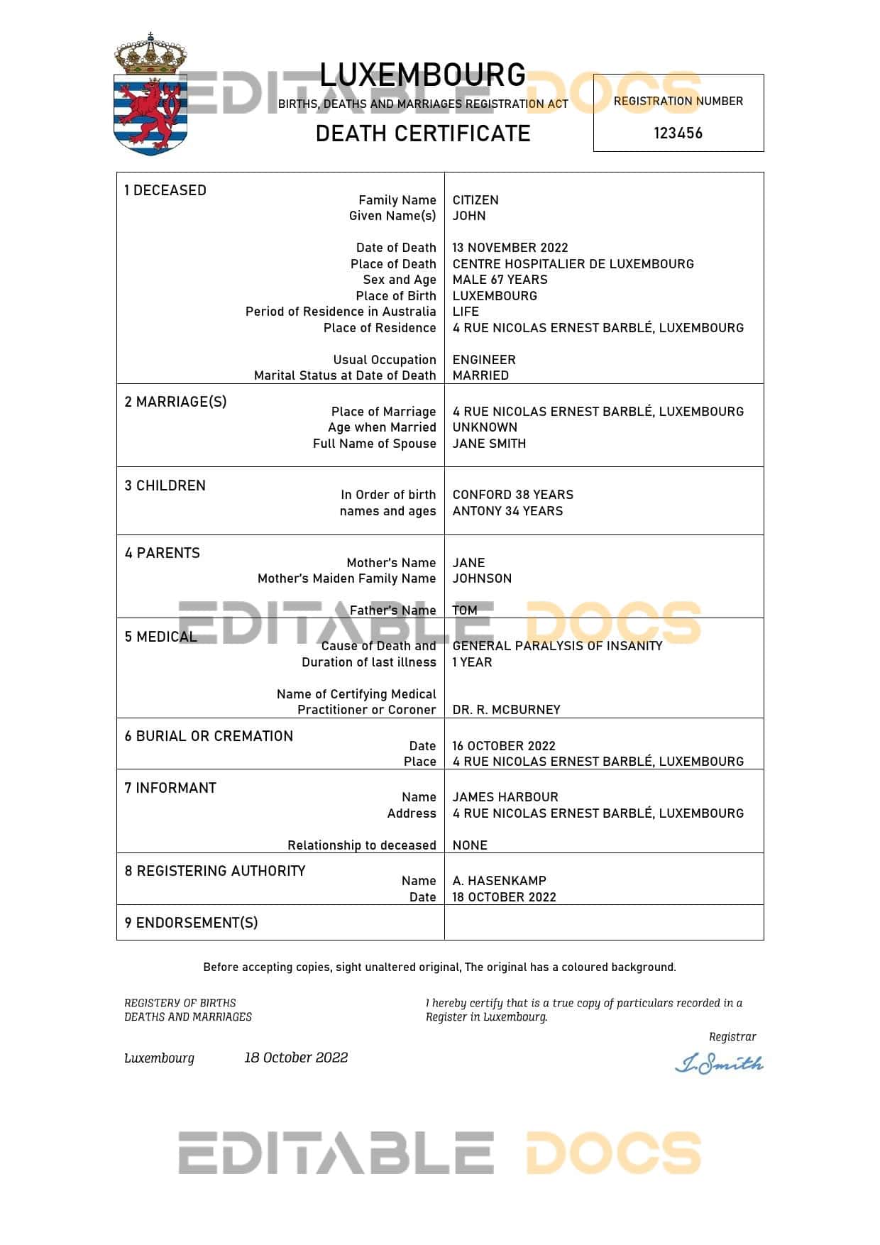 Fillable Luxembourg Death PDF Templates | Blank Docs
