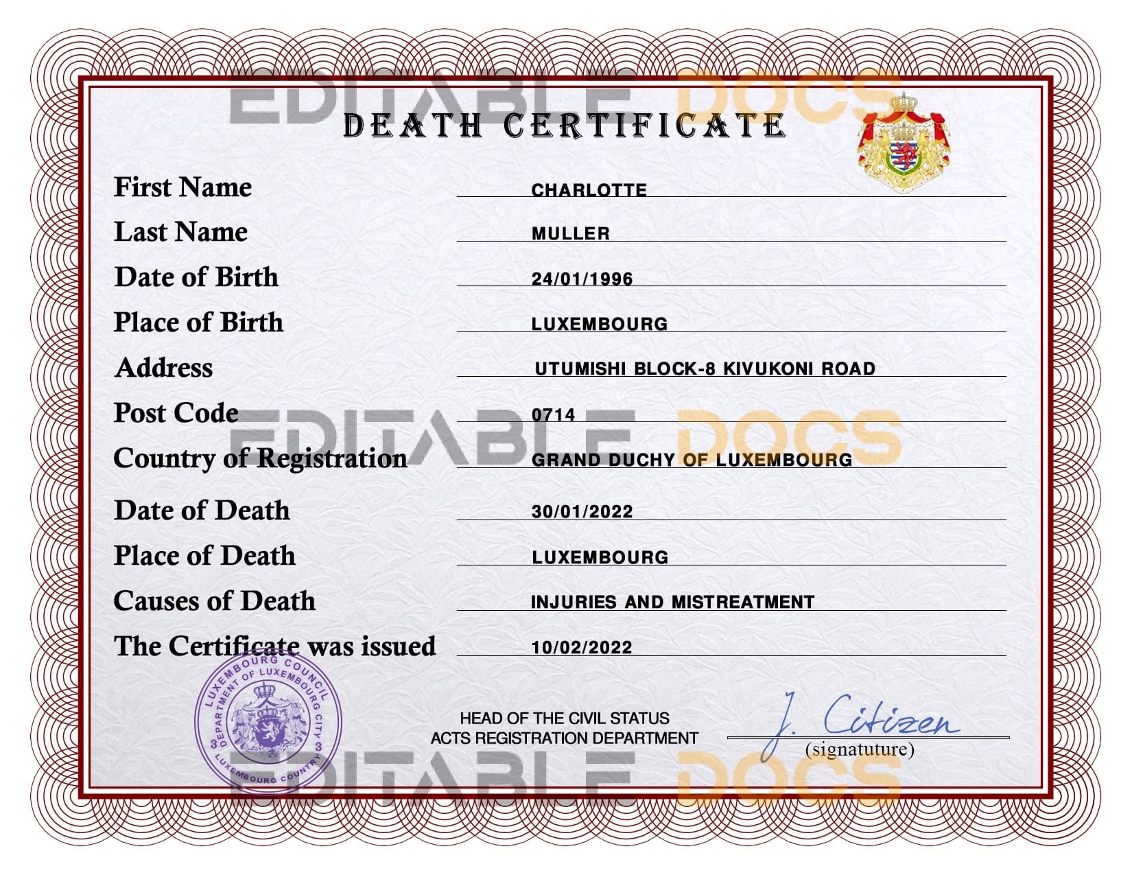 Customizable Luxembourg Death Certificate PSD Templates | Instant Download