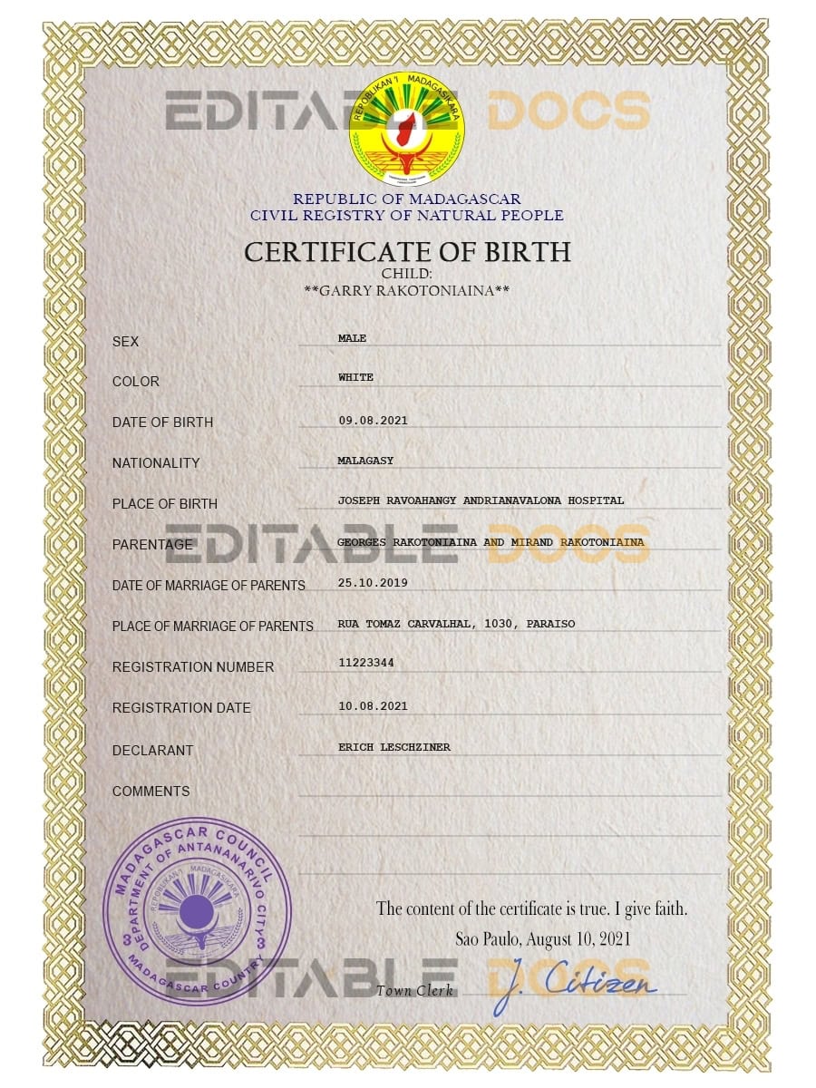 Authentic Madagascar Birth Certificate Template | Customize and Download Online