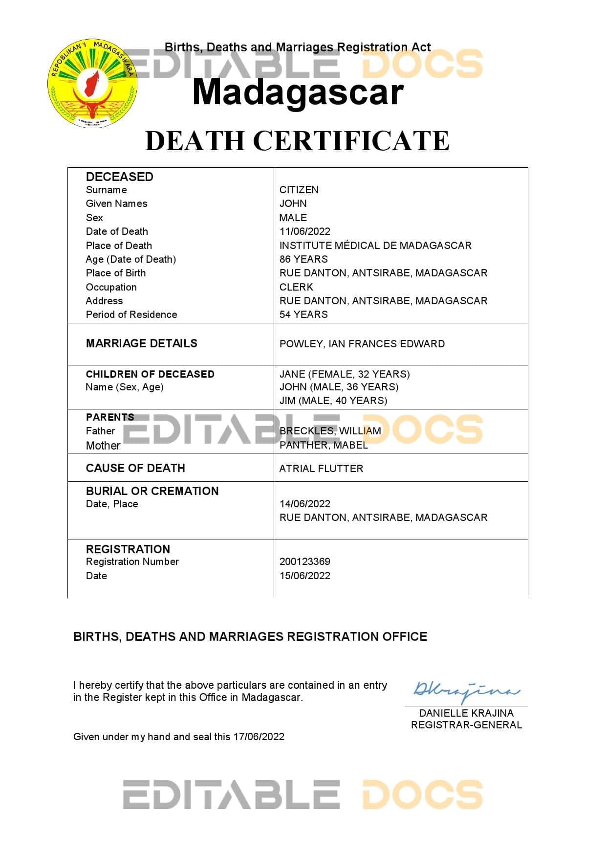 Fillable Madagascar Death PDF Templates | Blank Docs