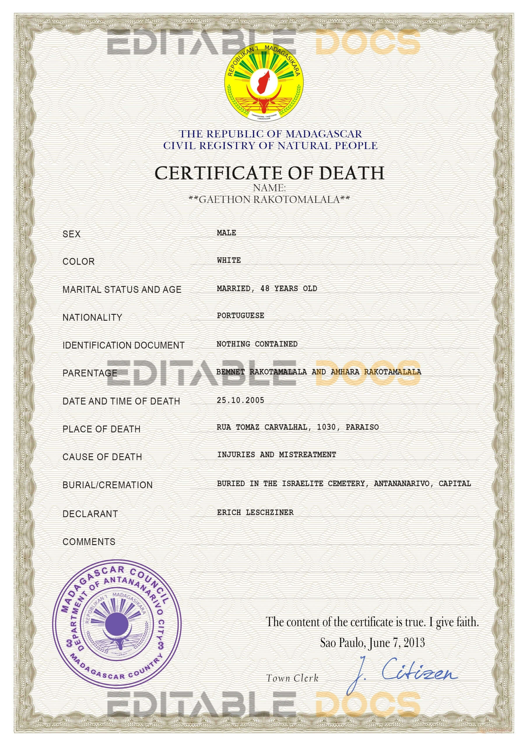 Customizable Madagascar Death Certificate PSD Templates | Instant Download
