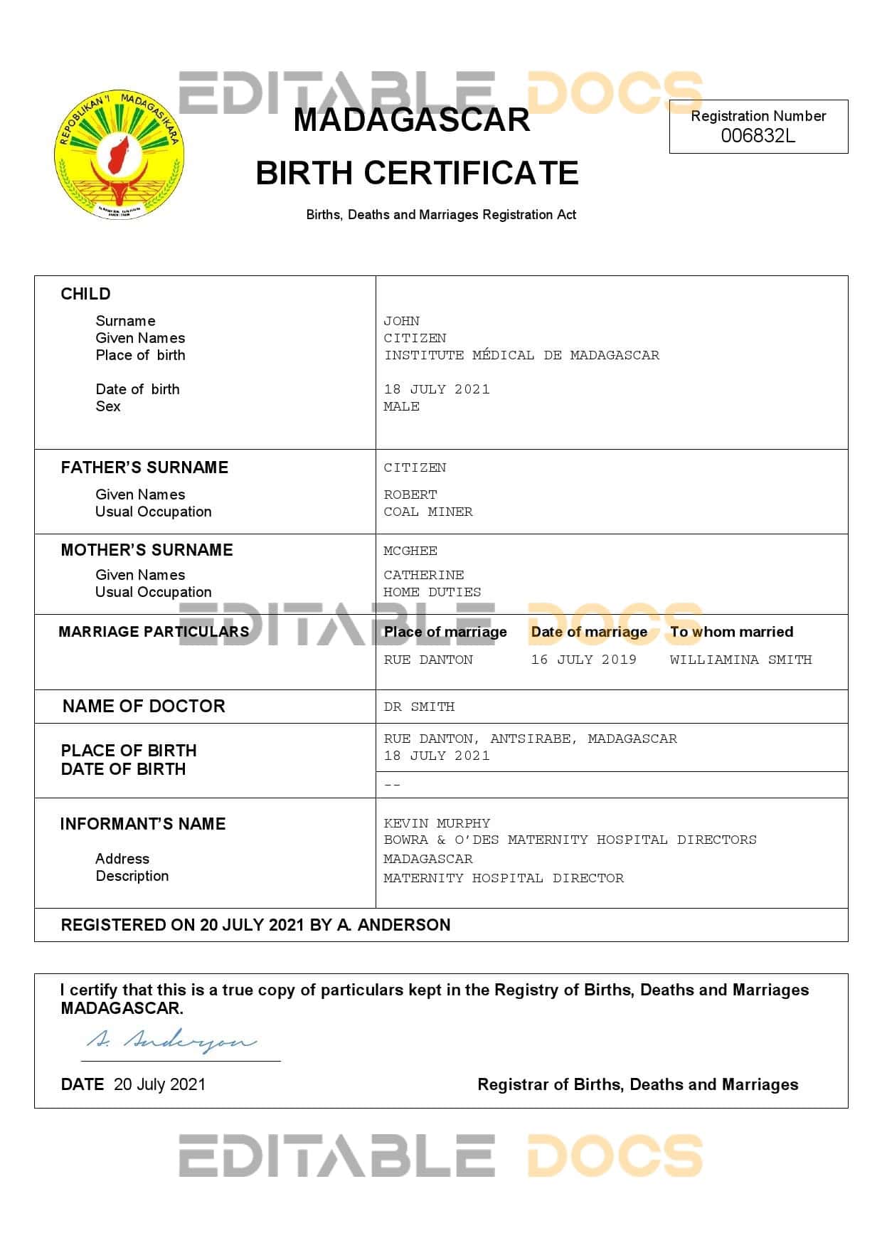 Authentic Madagascar Birth Certificate Template | Customize and Download Online