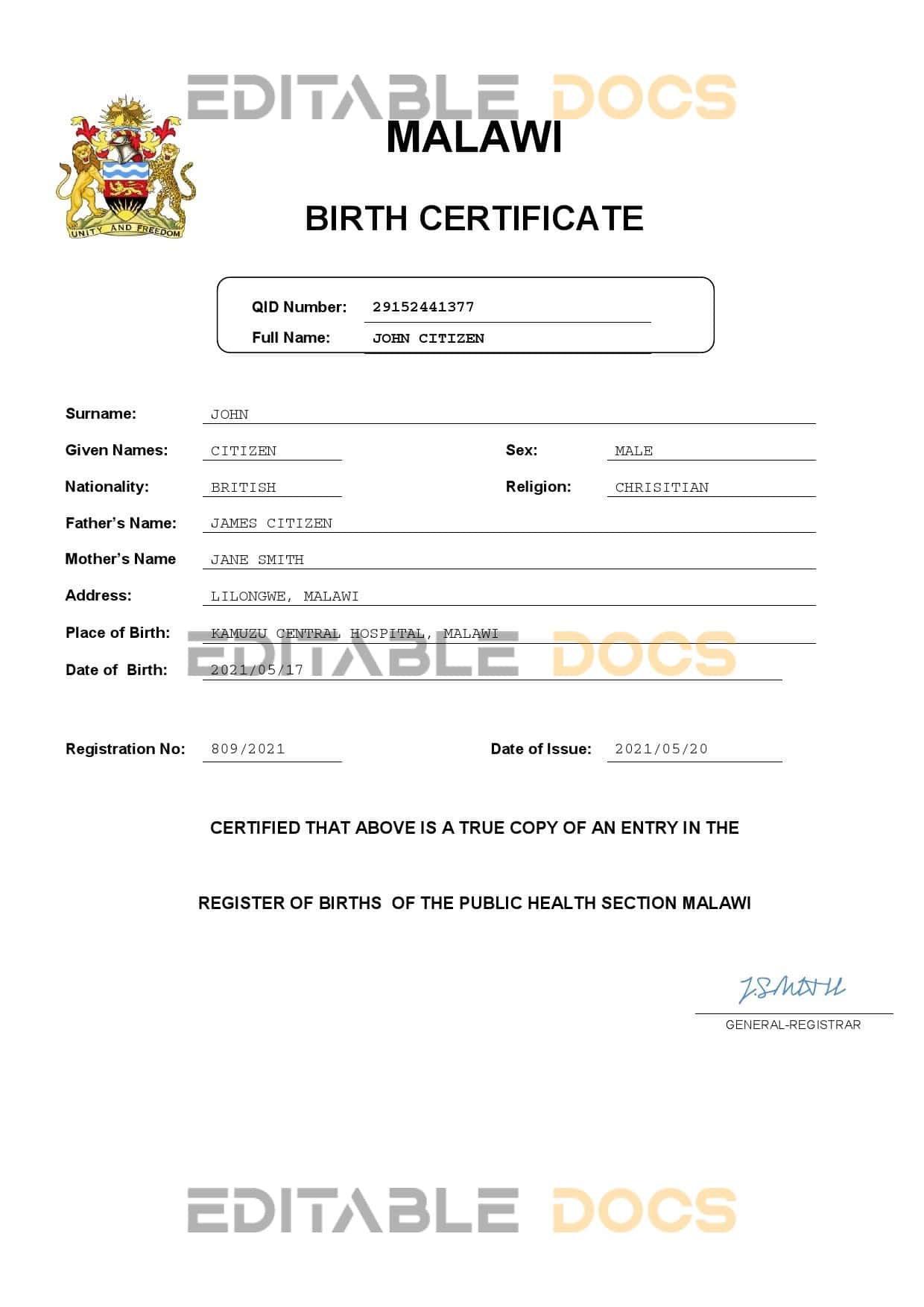 Authentic Malawi Birth Certificate Template | Customize and Download Online