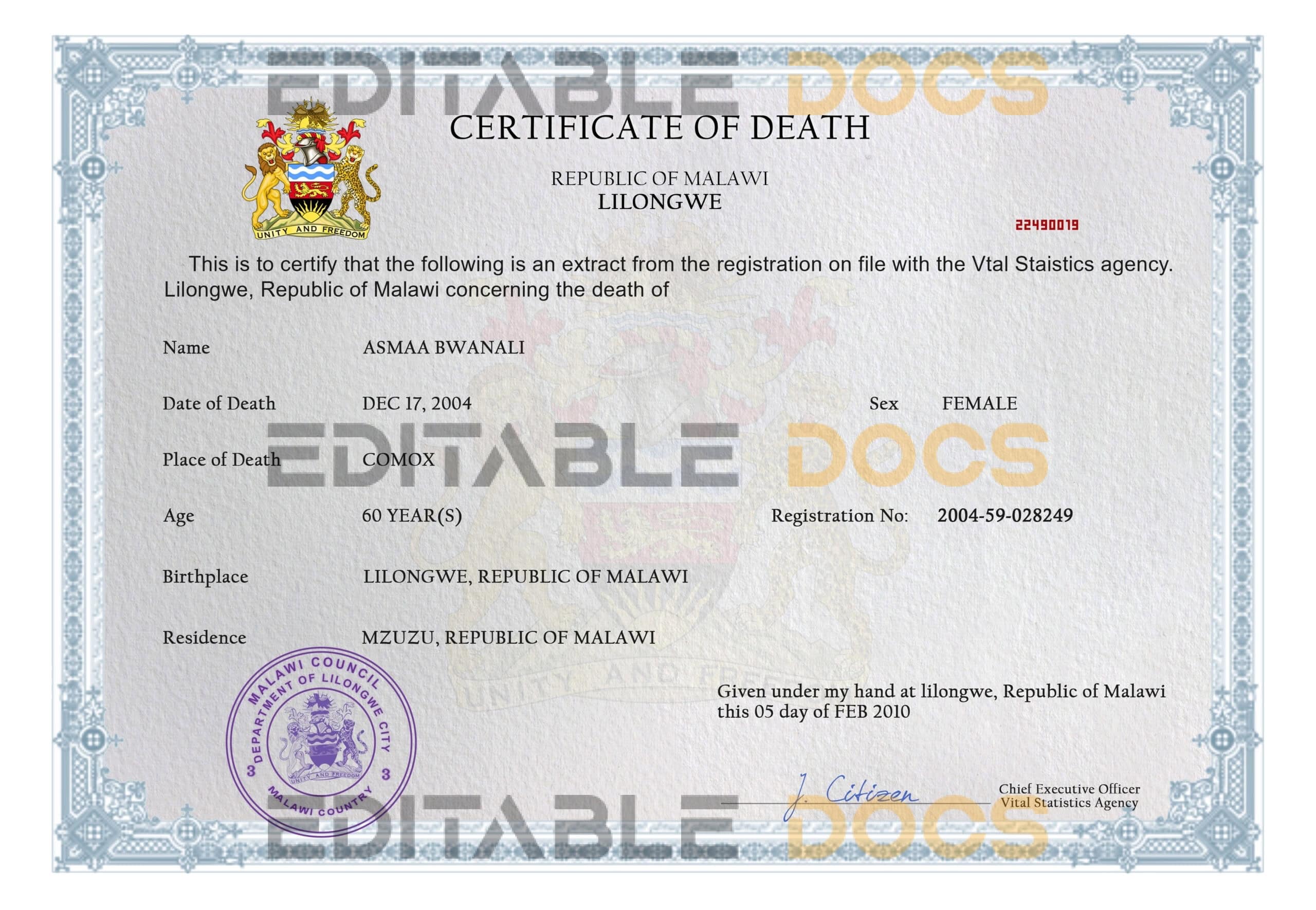 Customizable Malawi Death Certificate PSD Templates | Instant Download