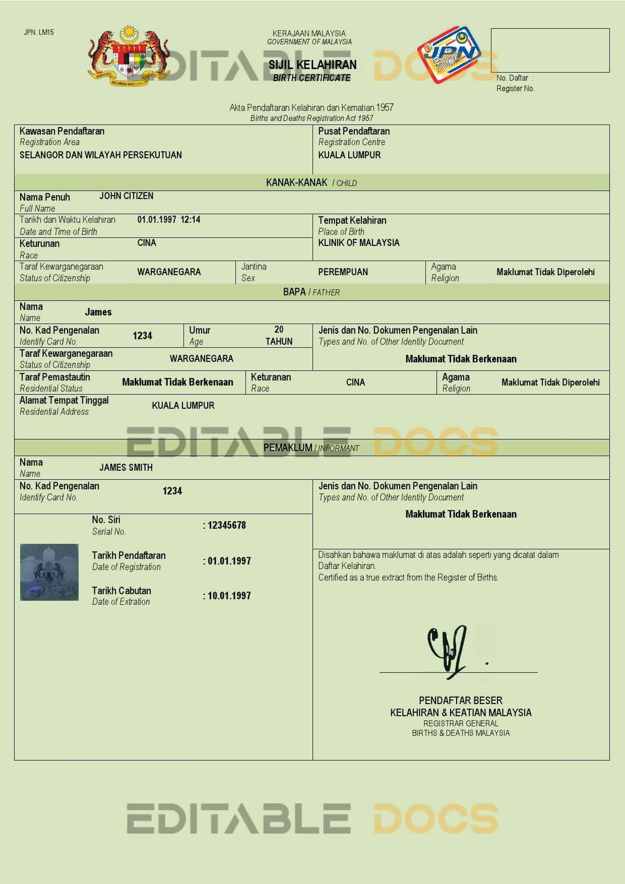Authentic Malaysia Birth Certificate Template | Customize and Download Online