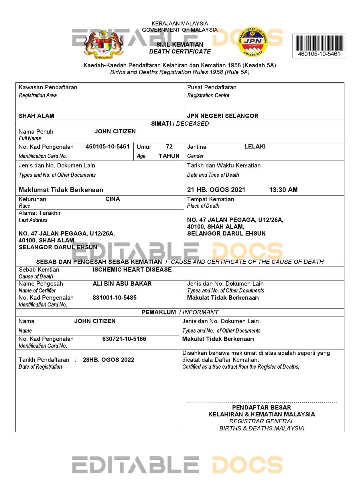 Fillable Malaysia Death PDF Templates | Blank Docs