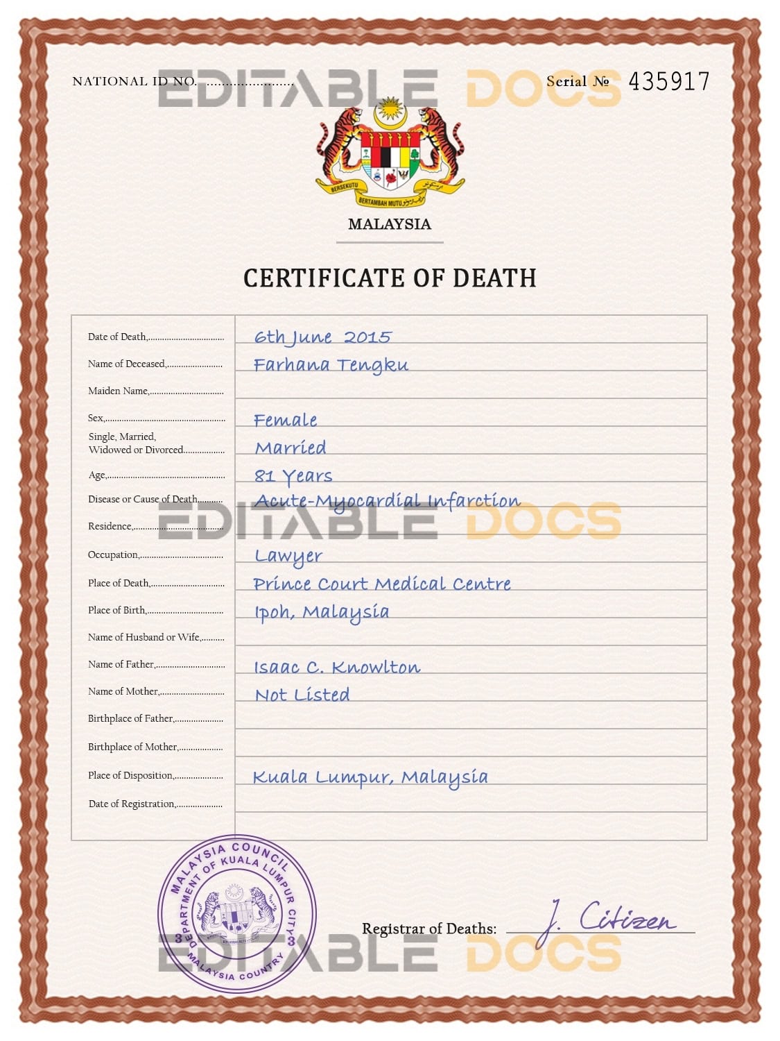 Customizable Malaysia Death Certificate PSD Templates | Instant Download