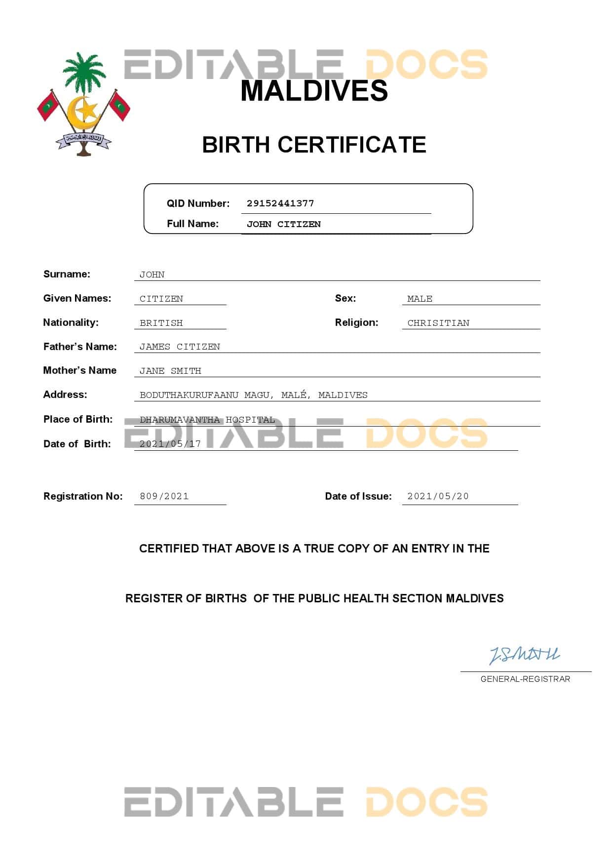 Authentic Maldives Birth Certificate Template | Customize and Download Online