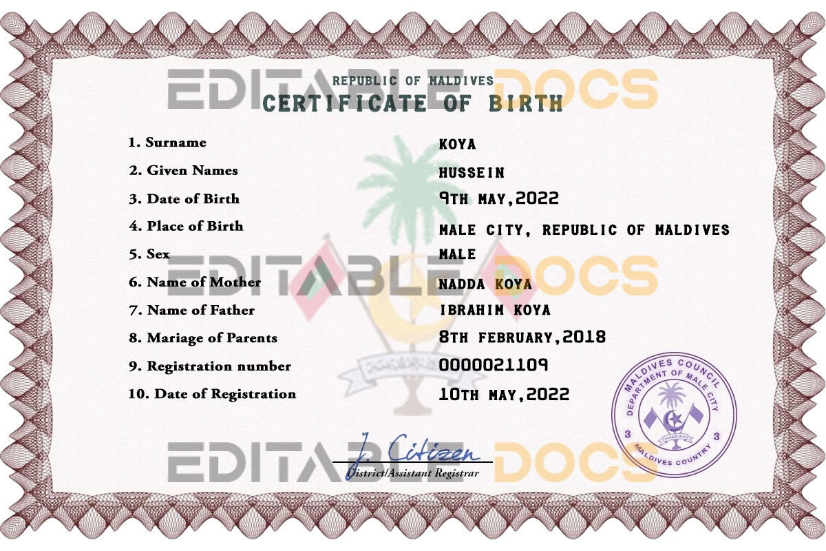 Authentic Maldives Birth Certificate Template | Customize and Download Online