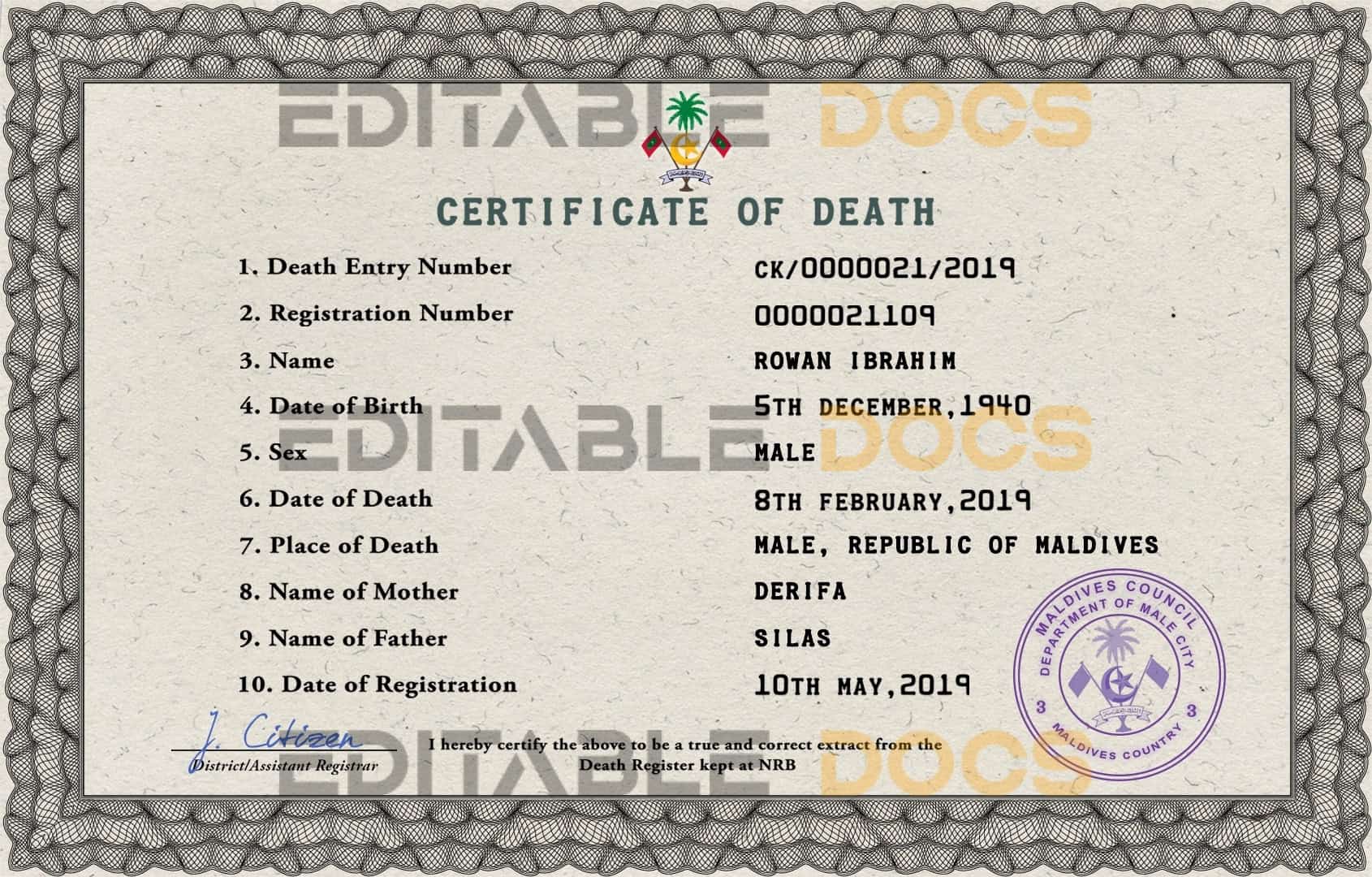 Customizable Maldives Death Certificate PSD Templates | Instant Download