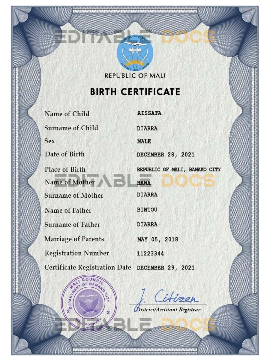 Authentic Mali Birth Certificate Template | Customize and Download Online