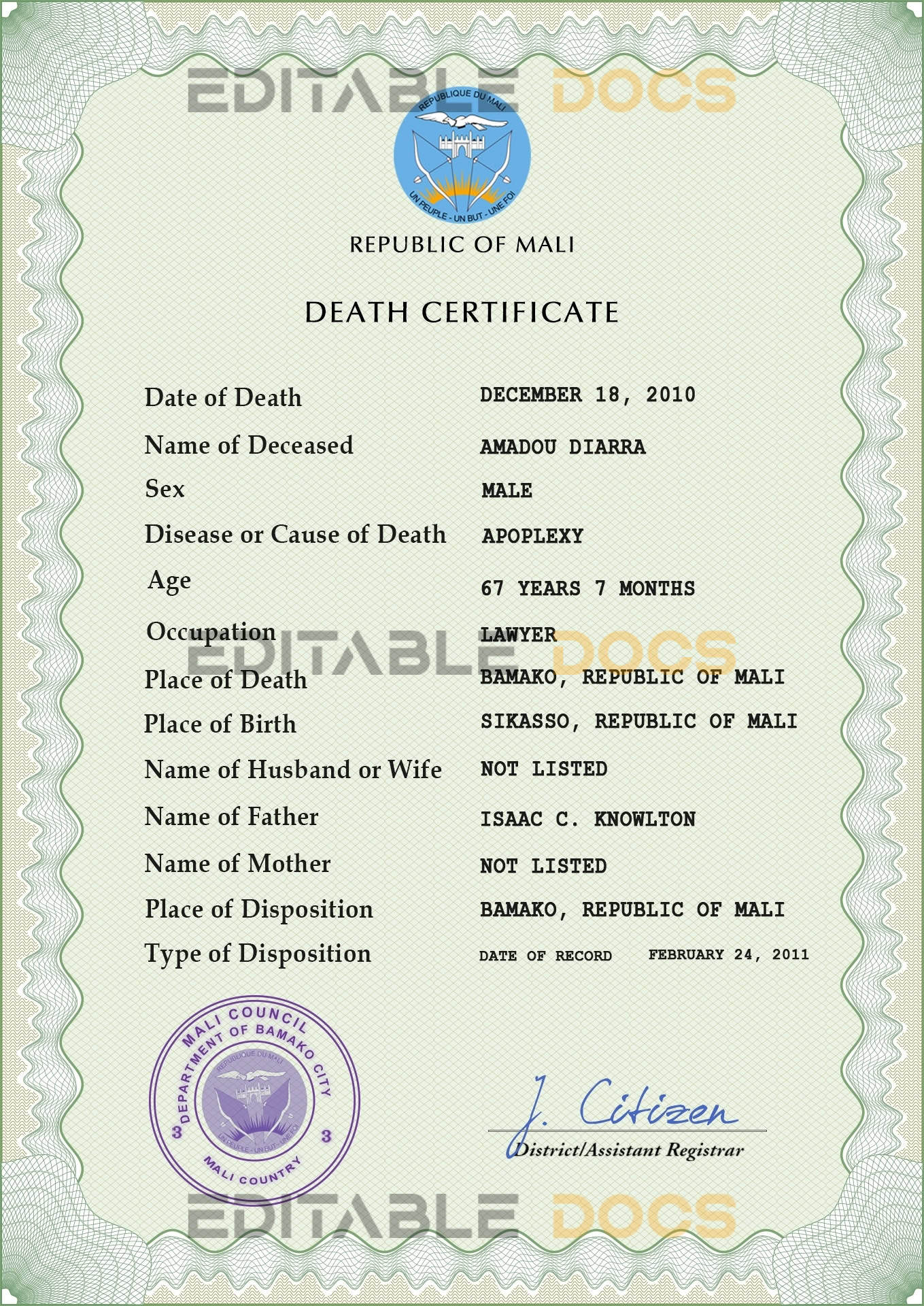 Customizable Mali Death Certificate PSD Templates | Instant Download