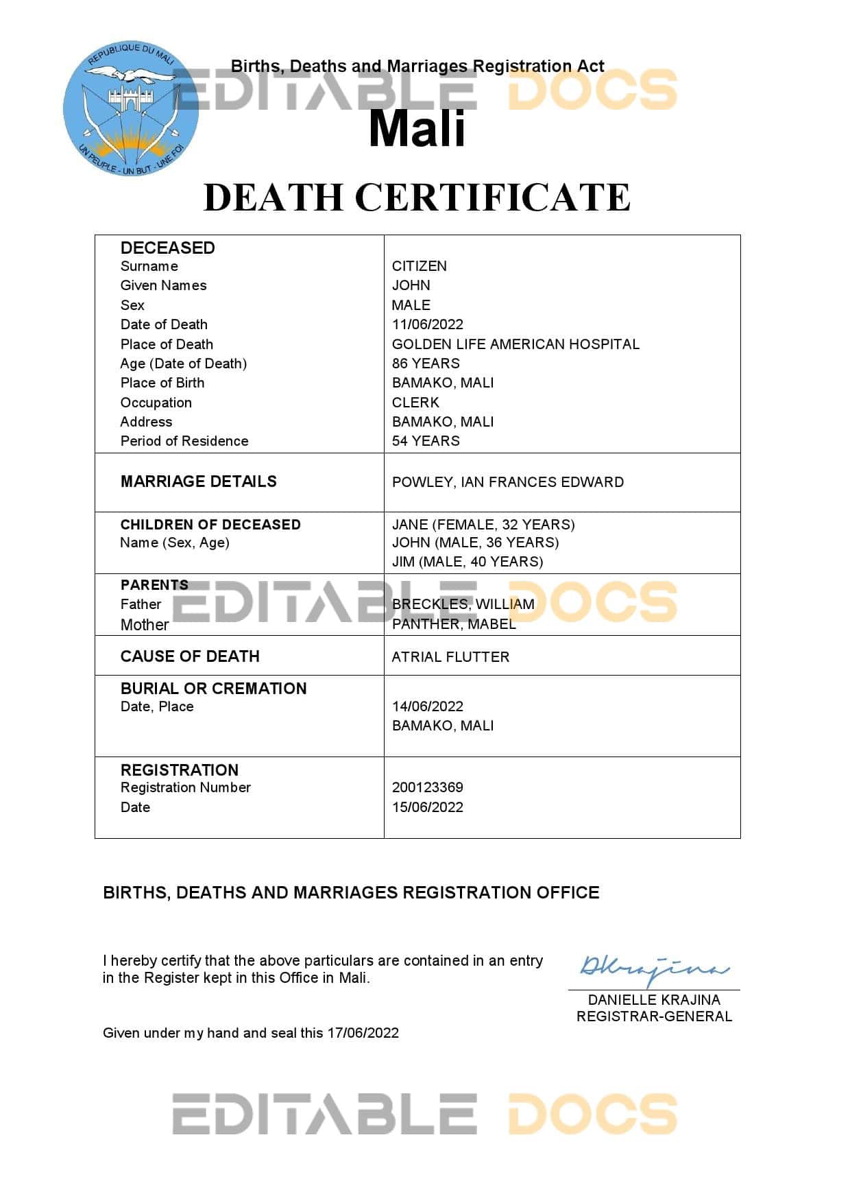 Fillable Mali Death PDF Templates | Blank Docs
