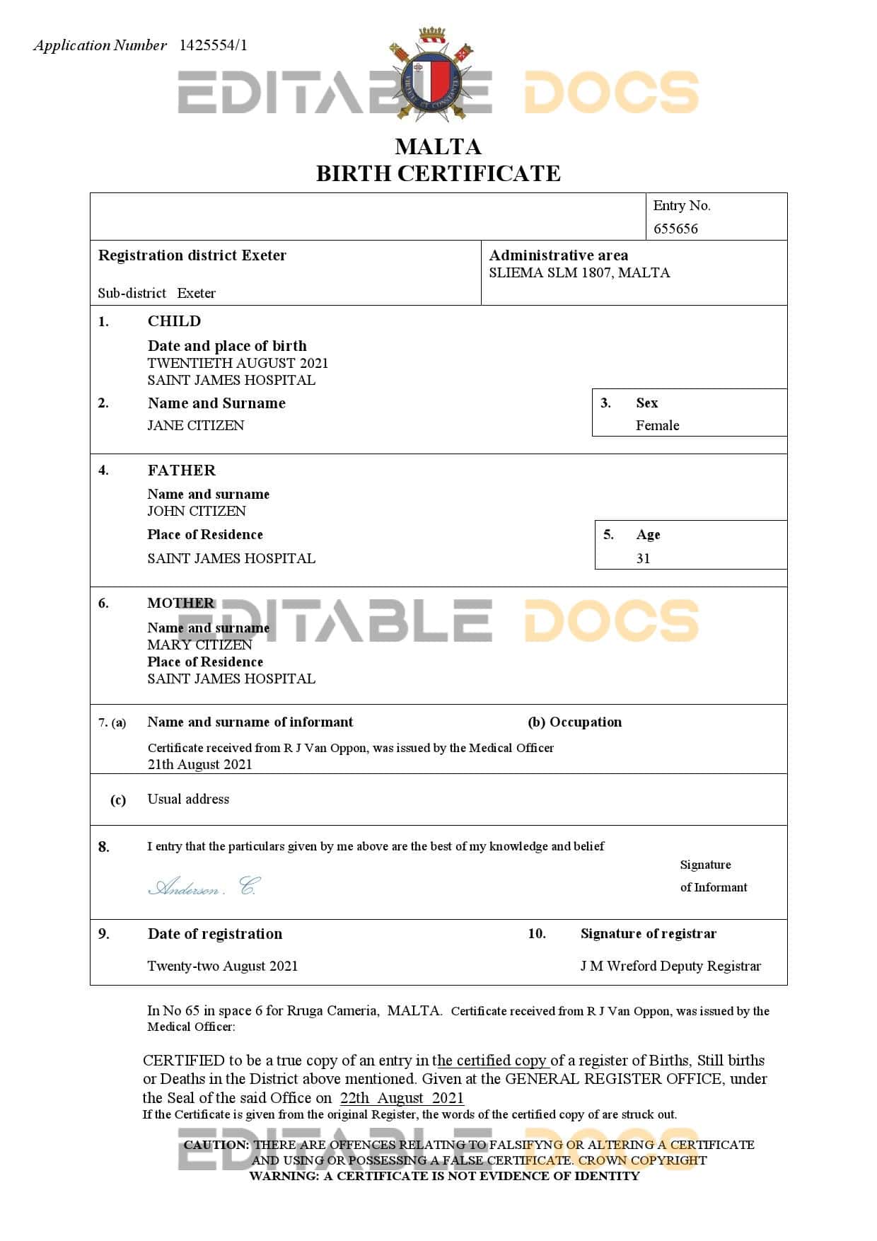 Authentic Malta Birth Certificate Template | Customize and Download Online