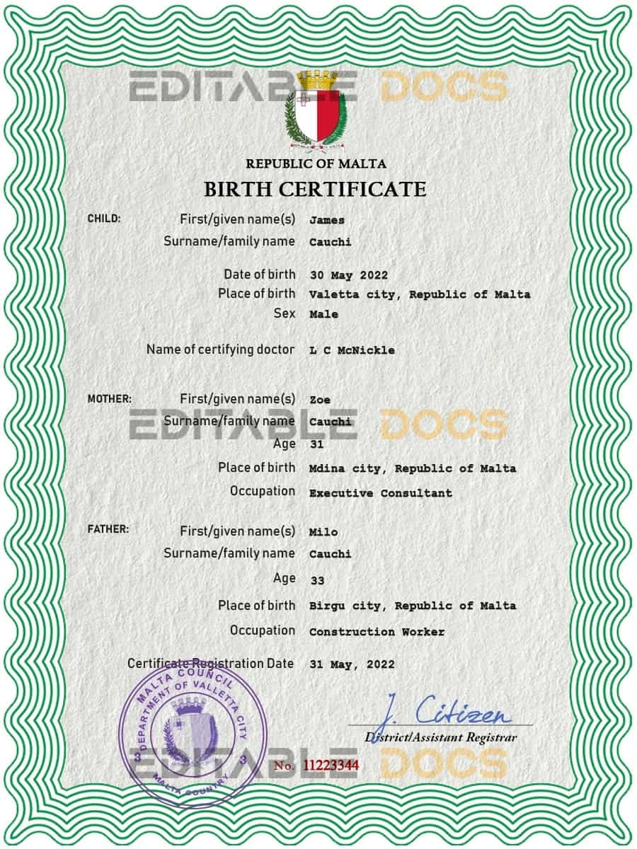Authentic Malta Birth Certificate Template | Customize and Download Online