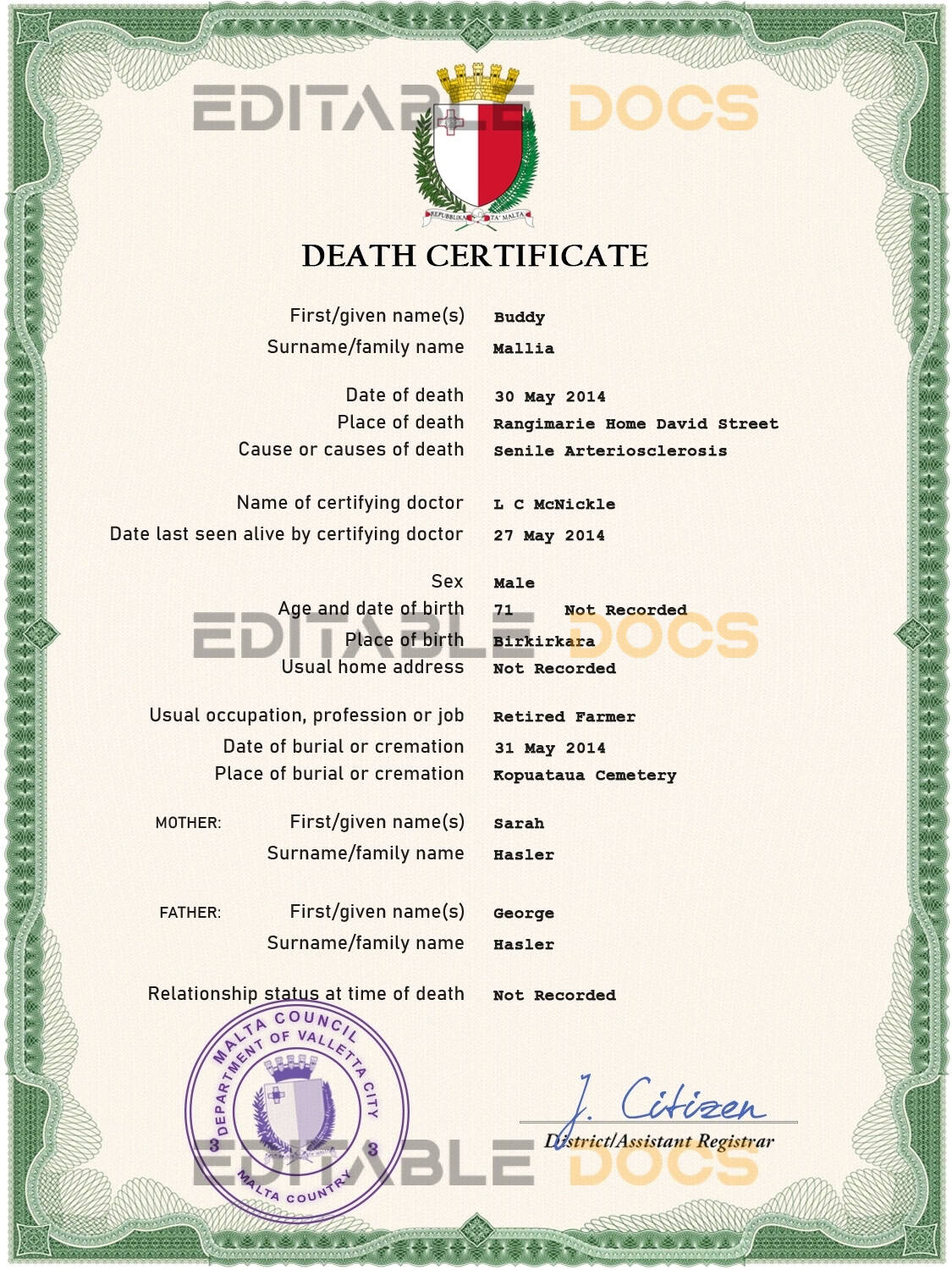 Customizable Malta Death Certificate PSD Templates | Instant Download