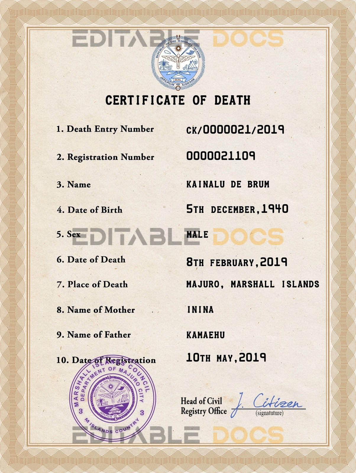 Customizable Marshall Islands Death Certificate PSD Templates | Instant Download
