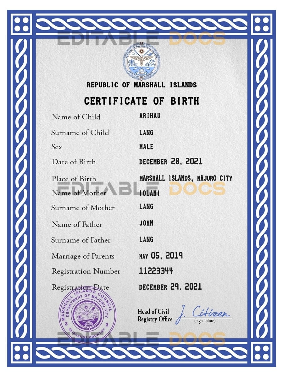 Authentic Marshall Islands Birth Certificate Template | Customize and Download Online