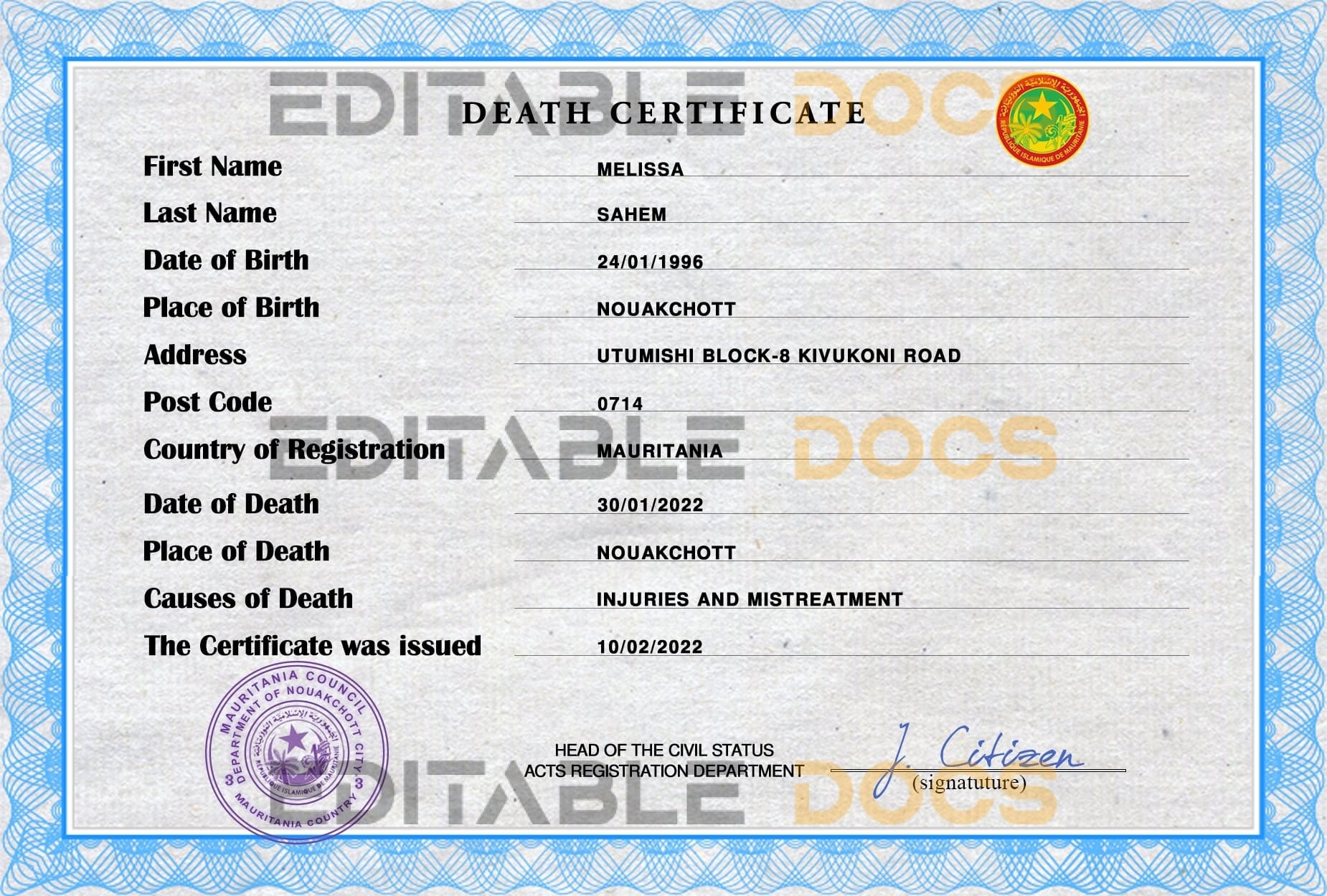 Customizable Mauritania Death Certificate PSD Templates | Instant Download