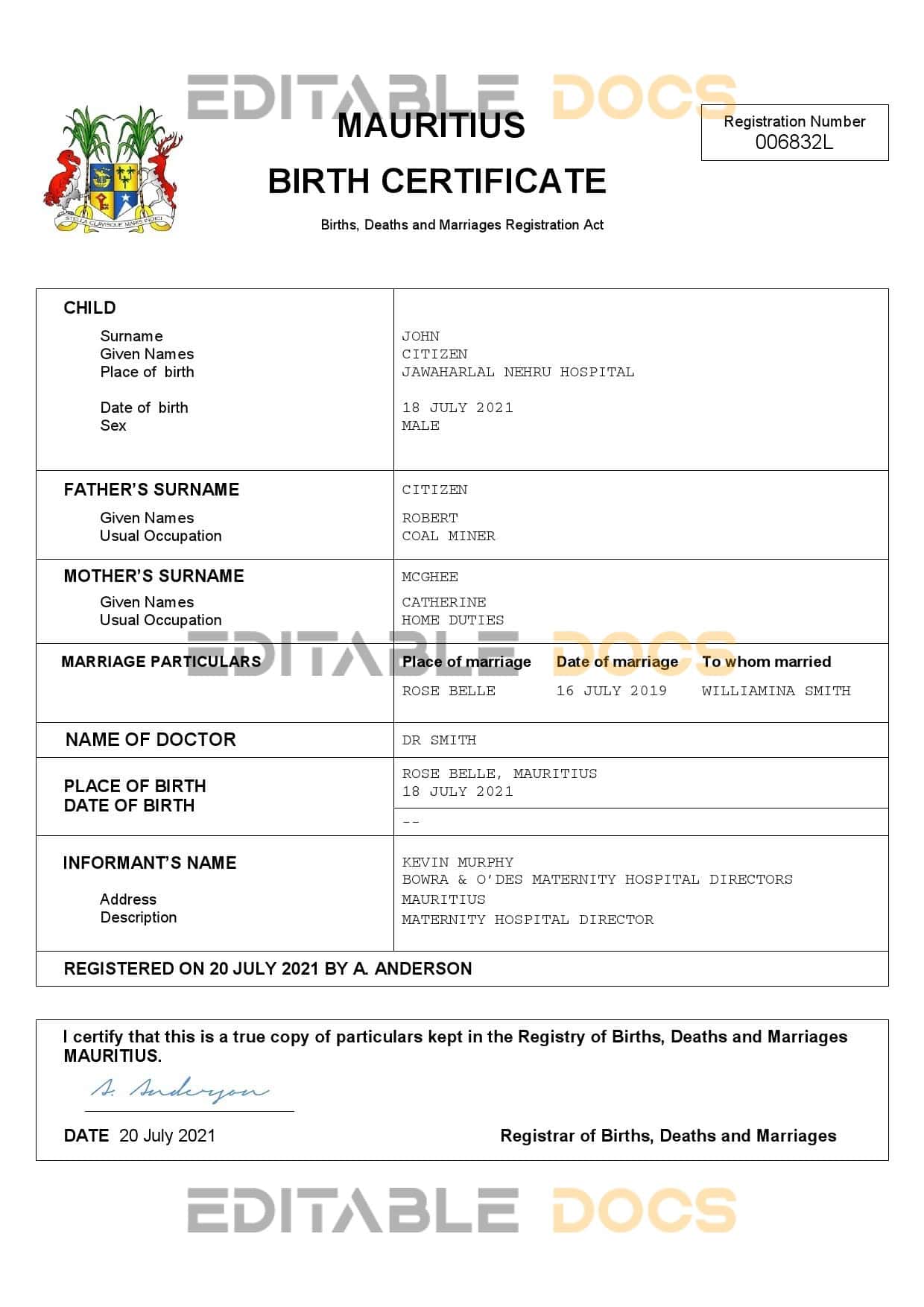 Authentic Mauritius Birth Certificate Template | Customize and Download Online