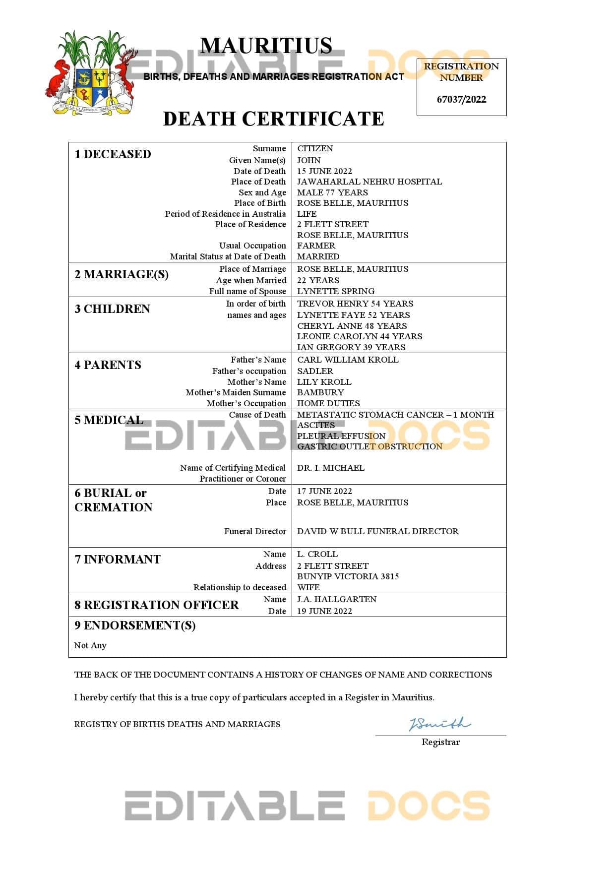 Fillable Mauritius Death PDF Templates | Blank Docs