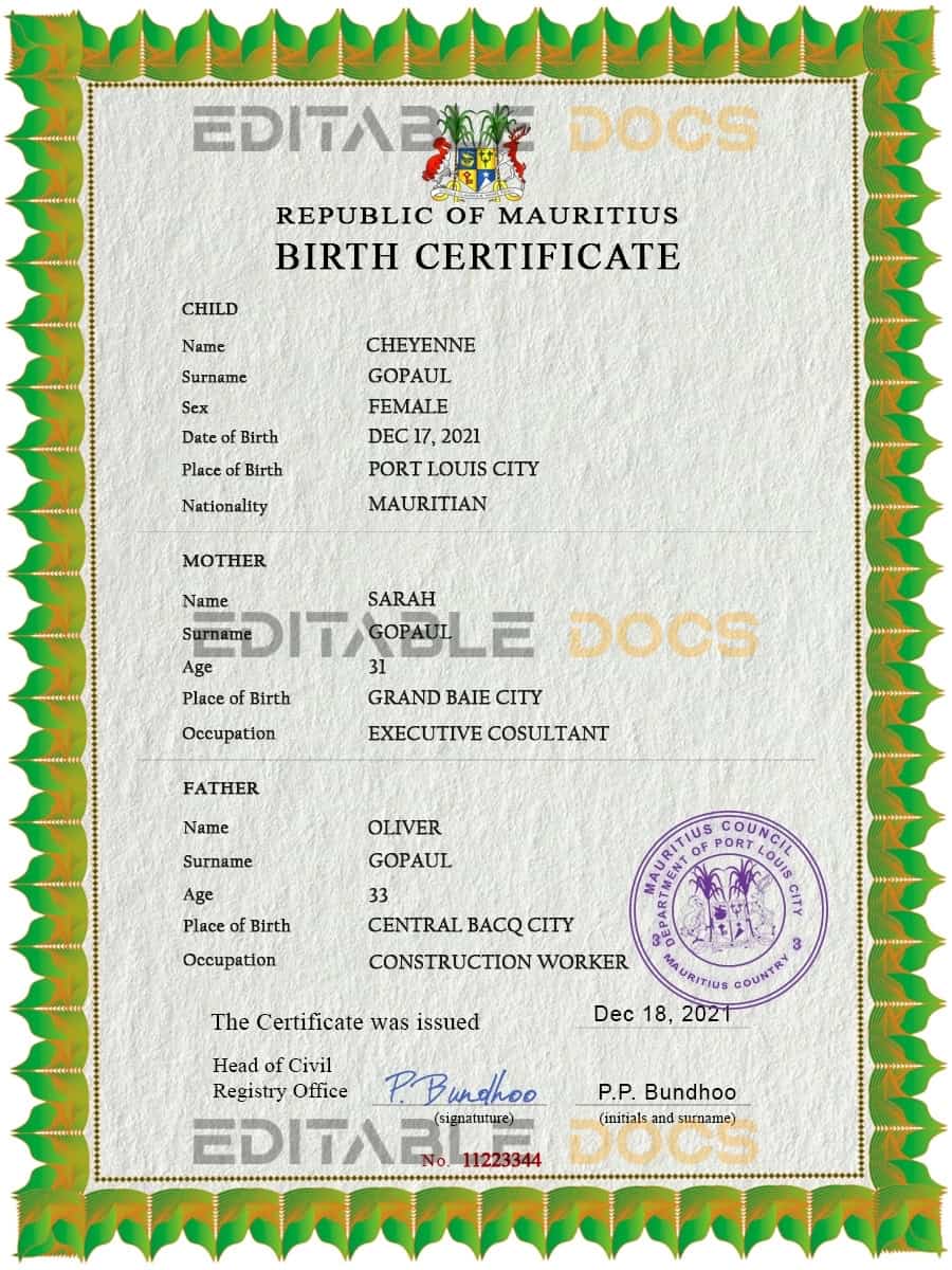 Authentic Mauritius Birth Certificate Template | Customize and Download Online