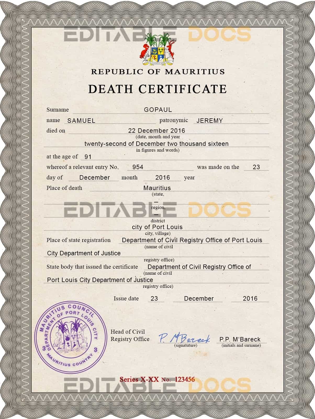 Customizable Mauritius Death Certificate PSD Templates | Instant Download