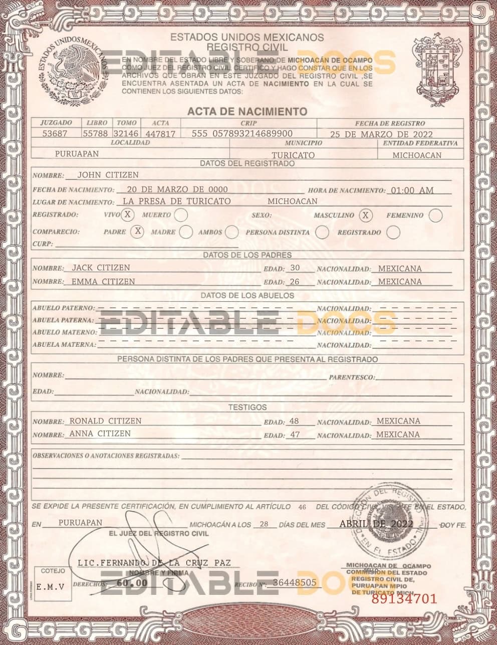 Authentic Mexico Birth Certificate Template | Customize and Download Online