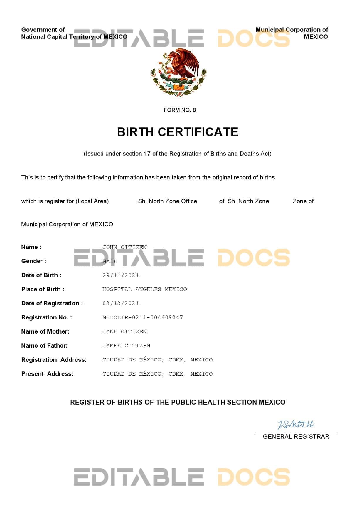 Authentic Mexico Birth Certificate Template | Customize and Download Online