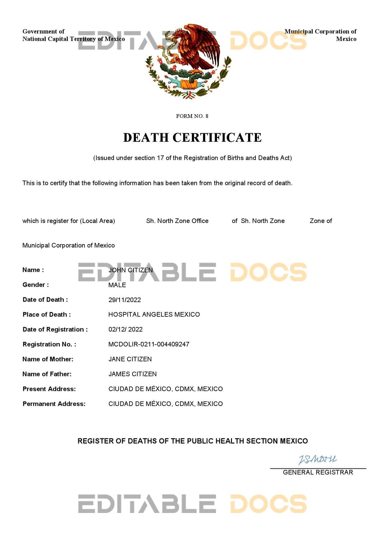 Fillable Mexico Death PDF Templates | Blank Docs