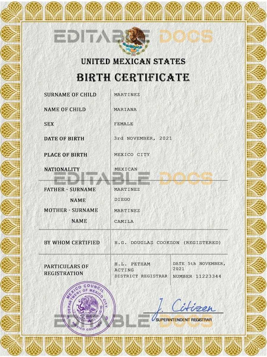 Authentic Mexico Birth Certificate Template | Customize and Download Online