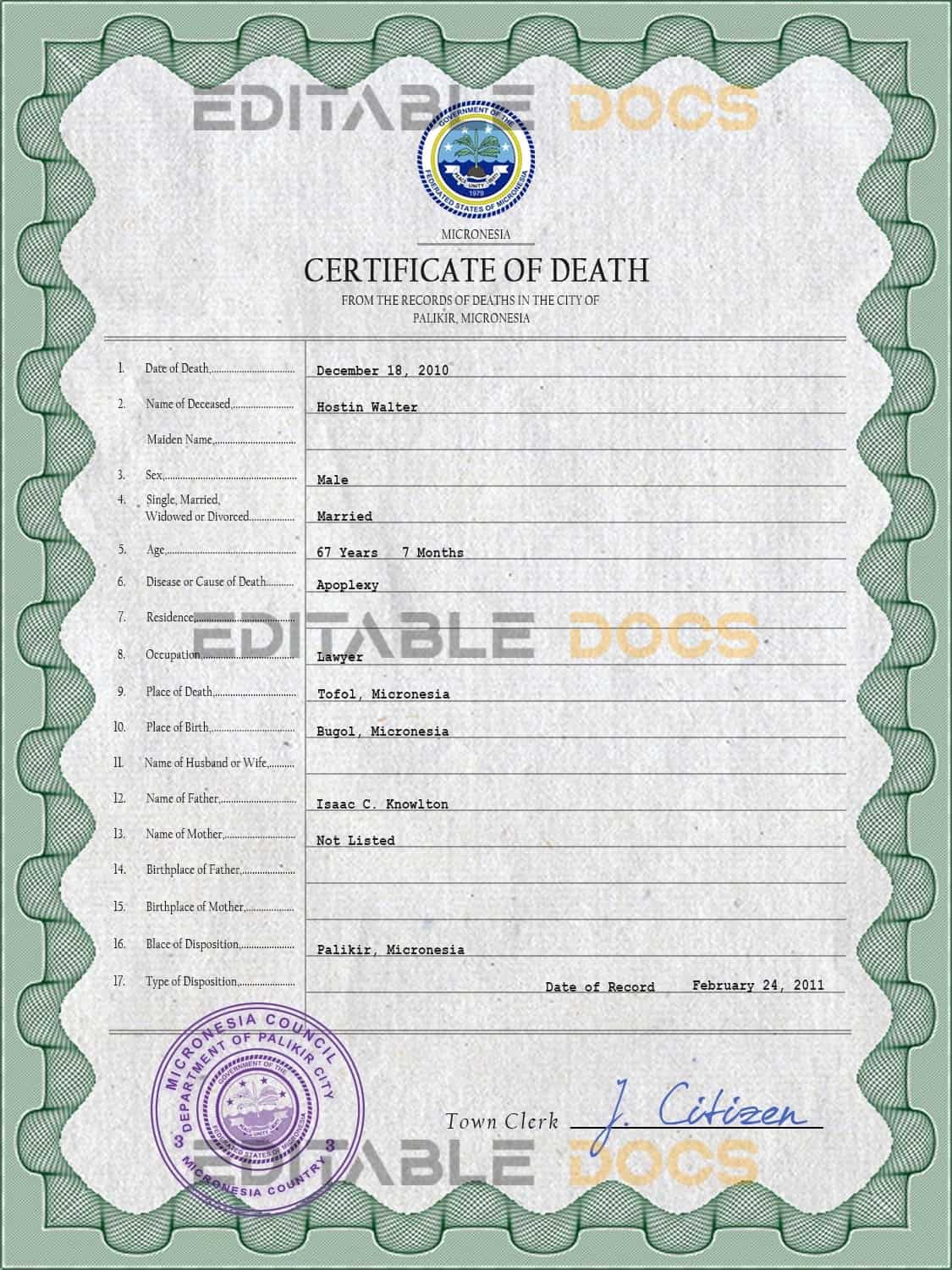 Customizable Micronesia Death Certificate PSD Templates | Instant Download