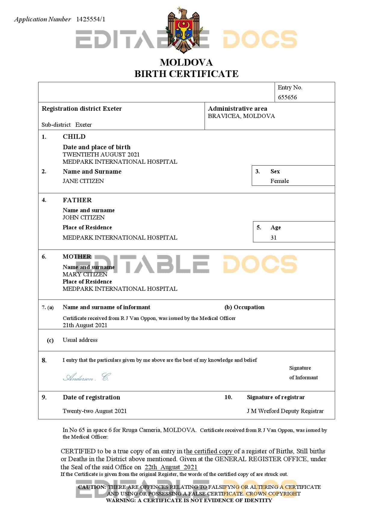 Authentic Moldova Birth Certificate Template | Customize and Download Online