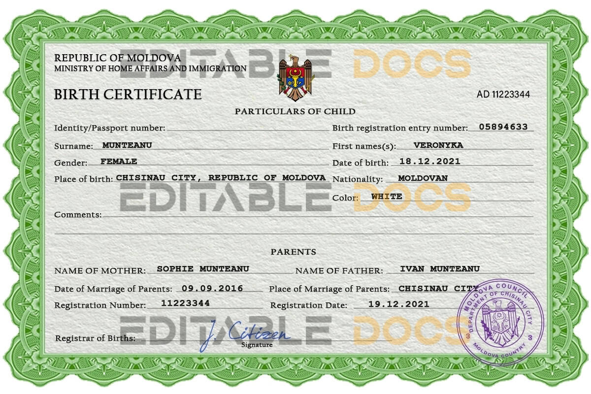 Authentic Moldova Birth Certificate Template | Customize and Download Online