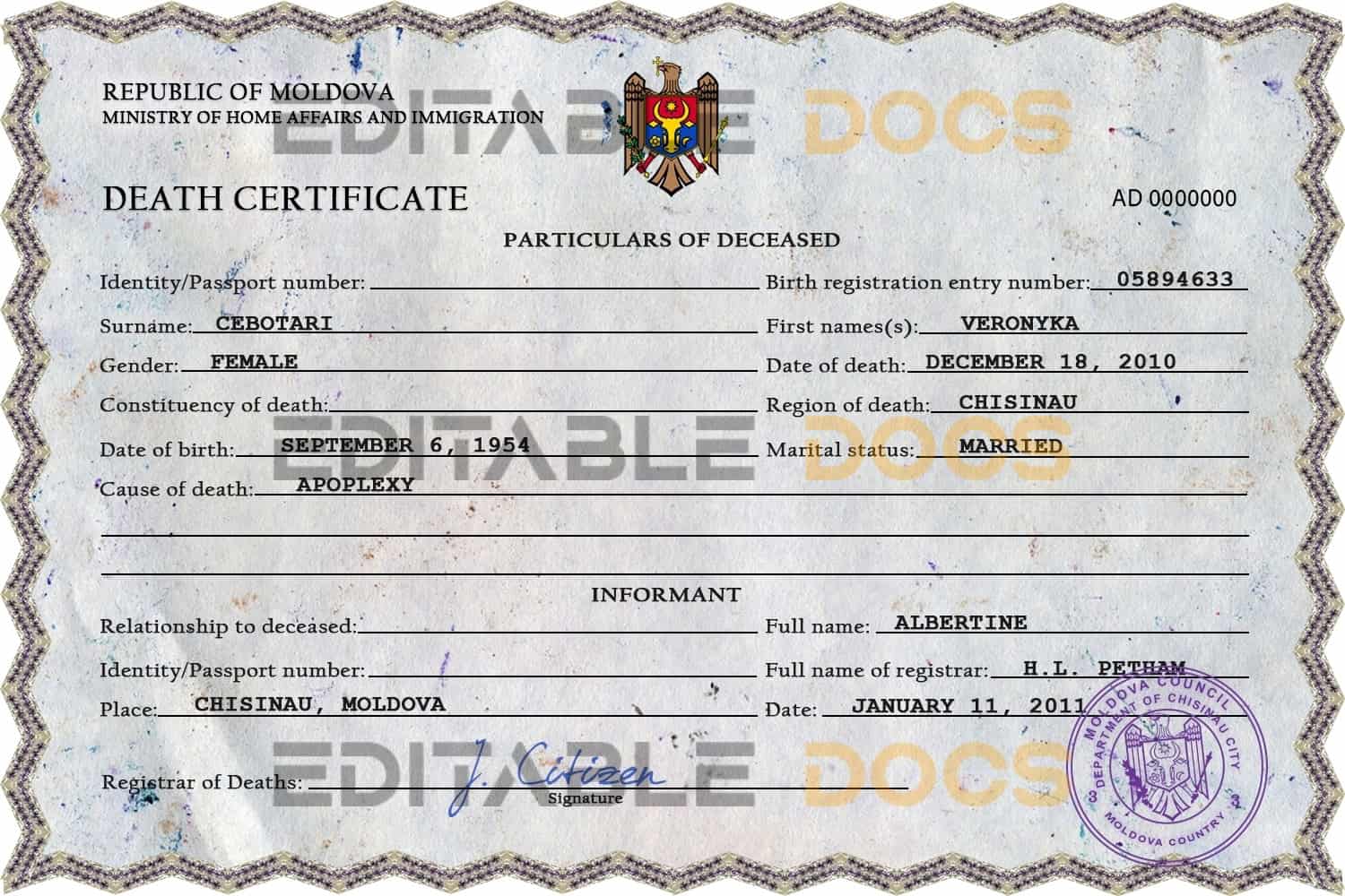 Customizable Moldova Death Certificate PSD Templates | Instant Download