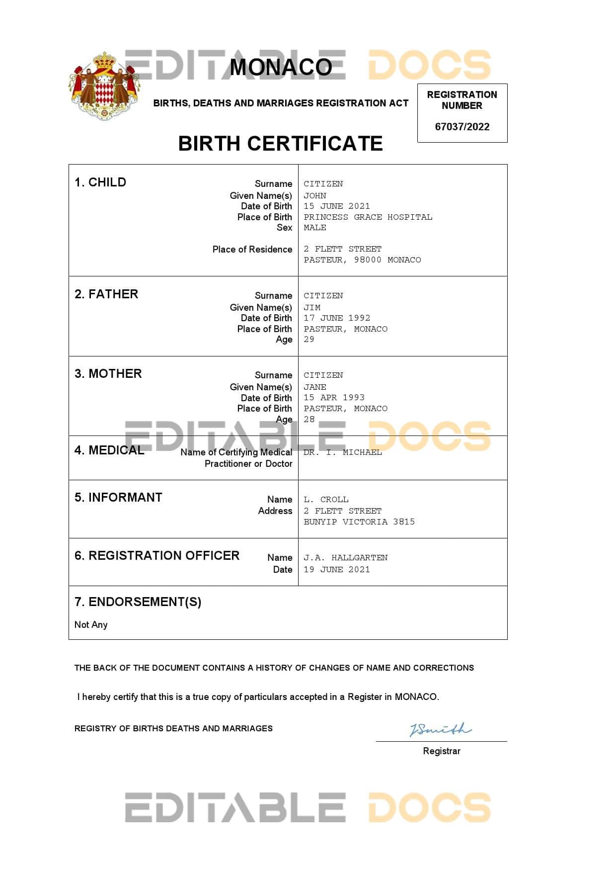 Authentic Monaco vital record Birth Certificate Template | Customize and Download Online