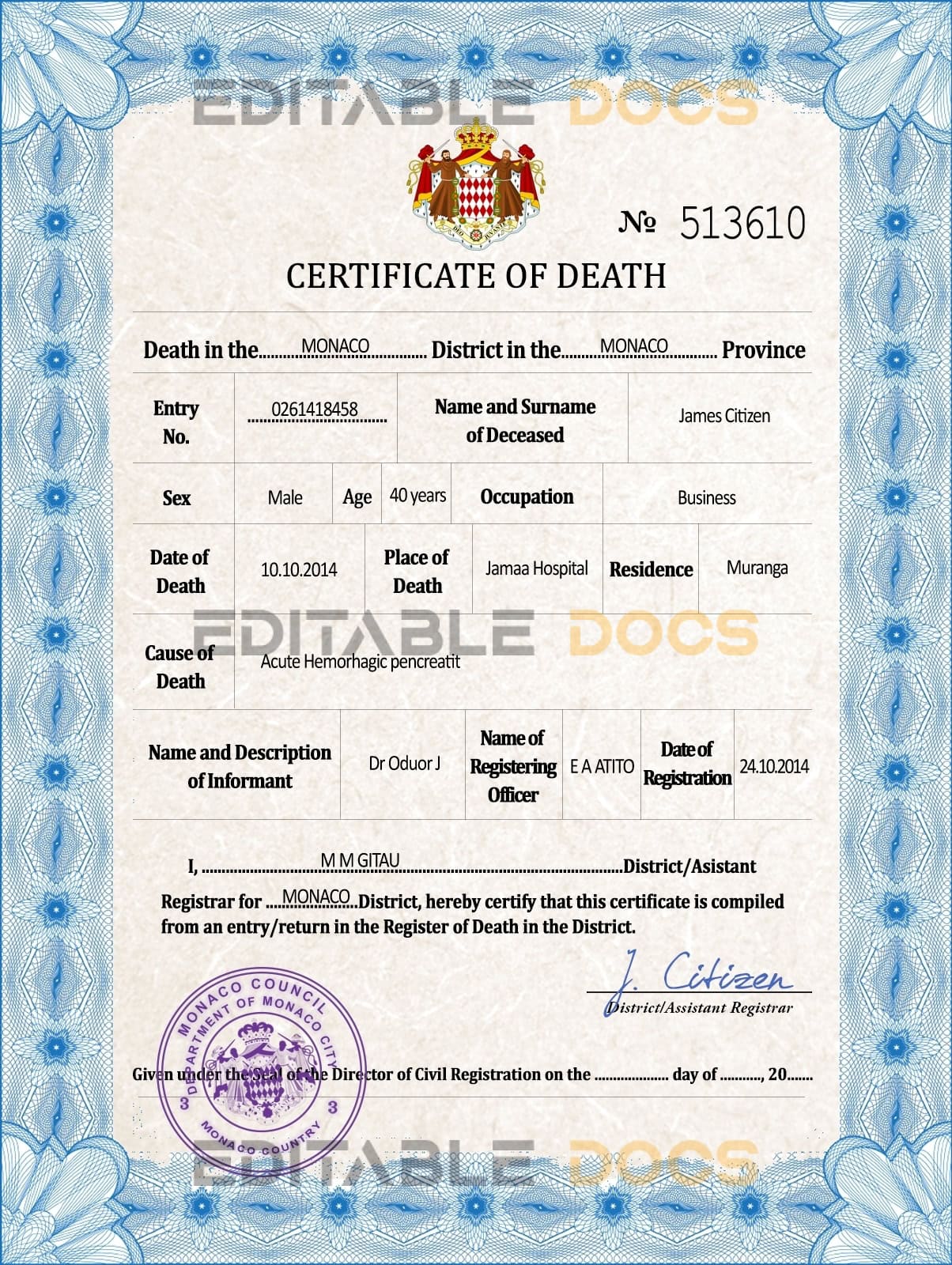 Customizable Monaco Death Certificate PSD Templates | Instant Download