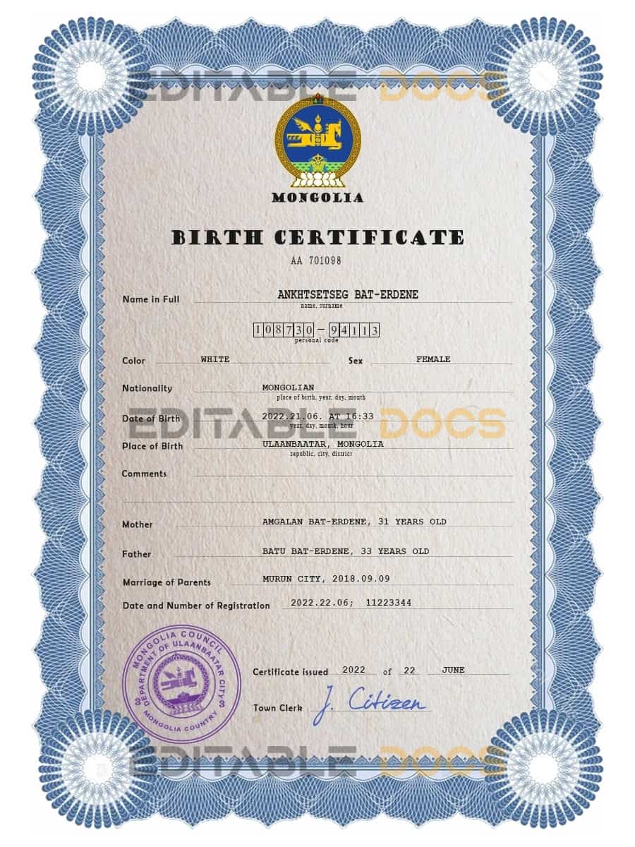 Authentic Mongolia Birth Certificate Template | Customize and Download Online