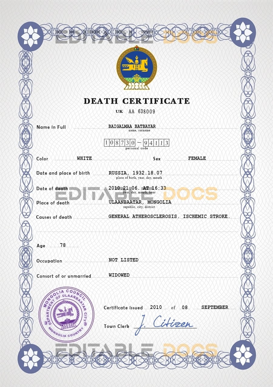 Customizable Mongolia Death Certificate PSD Templates | Instant Download