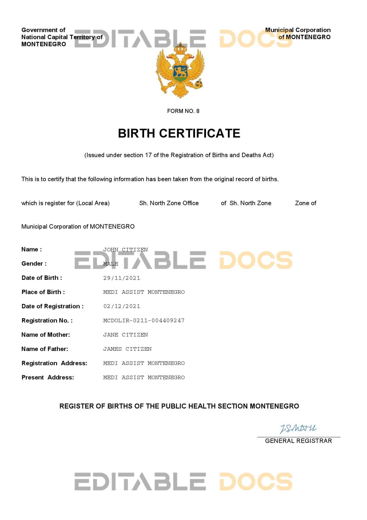 Authentic Montenegro Birth Certificate Template | Customize and Download Online