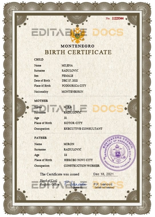 Authentic Montenegro Birth Certificate Template | Customize and Download Online