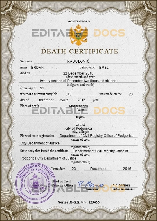 Customizable Montenegro Death Certificate PSD Templates | Instant Download